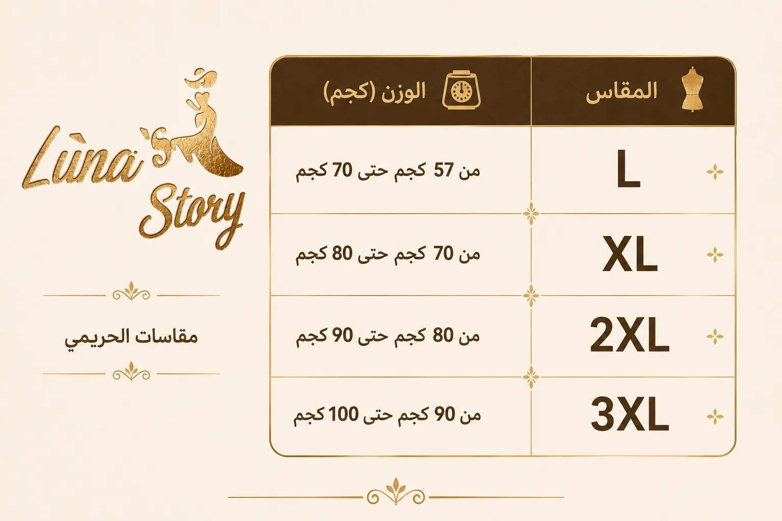 جدول المقاسات